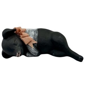 Adorable 9” Vintage Black and White Sleeping Pig Figurine Sculpture w Peach Bow